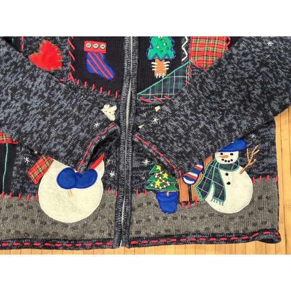 Hampshire Studio Ugly Christmas Sweater Sz Medium Snowman Patchwork Zip Up - Picture 5 of 6